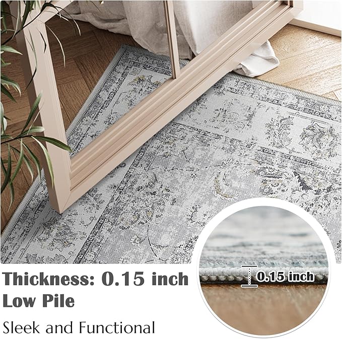 jinchan Fiora Runner Rug 2x6 Machine Washable Hallway Rug Grey Vintage Floral Print Non-Slip Low Pile Ultra-Thin for Kitchen, Entryway, Laundry Room, Bedroom, Farmhouse (2‘x6’, Grey)