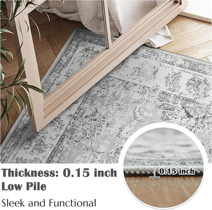 jinchan Fiora Runner Rug 2x6 Machine Washable Hallway Rug Grey Vintage Floral Print Non-Slip Low Pile Ultra-Thin for Kitchen, Entryway, Laundry Room, Bedroom, Farmhouse (2‘x6’, Grey)