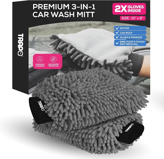 Premium 3-in-1 Car Wash Mitt Scratch Free, Cleaning Mitt, Microfiber Wash Mitts by TrapoCarAccessories