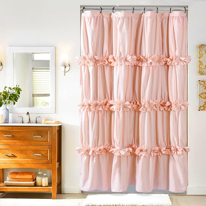 Peach Pink Ruffle Shower Curtain, Vintage Handcrafted Bow Tie Bath Curtain by Homechoice+Decor
