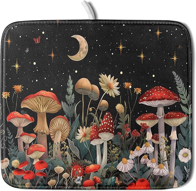 Black Mushroom Dish Drying Mat for Kitchen Counter Leaves Botanical Microfiber by Giwawa