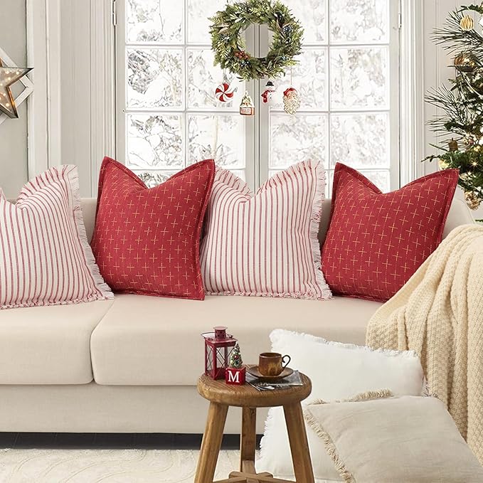 ZWJD Throw Christmas Pillow Covers 26x26 Set of 2 Striped Pillow Covers with Fringe Chic Cotton Decorative Pillows Square Cushion Covers for Sofa Couch Bed Living Room Farmhouse Decor