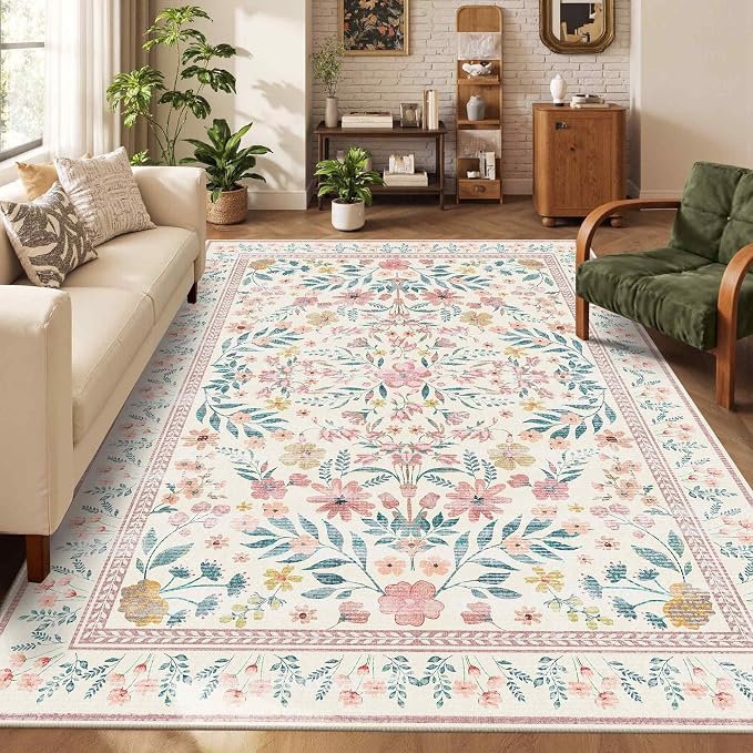 Pink Rug for Living Room Bedroom, 5x7 Washable Floral Rug, Vintage Boho Area Rug by Rugxara