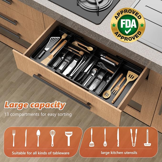 Large Silverware Drawer Organizer, utensil drawer organizer Adjustable Flatware - Image 3