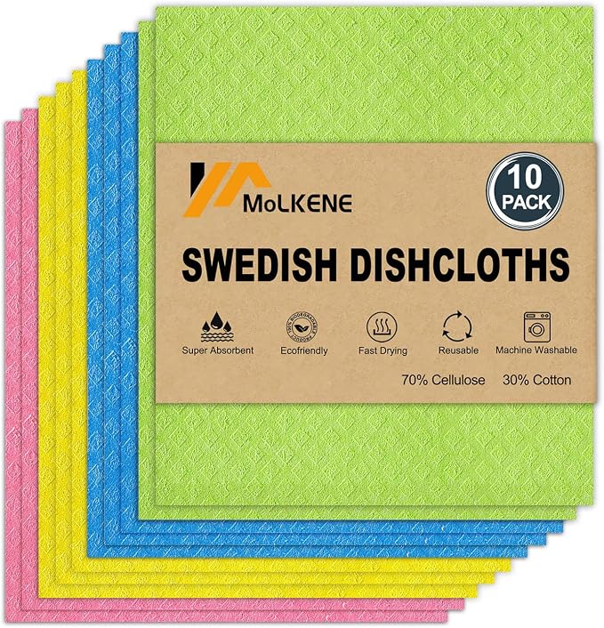 Swedish Dishcloths for Kitchen | 10 Pack Cellulose Sponge Dish Cloths Washable by MoLKENE