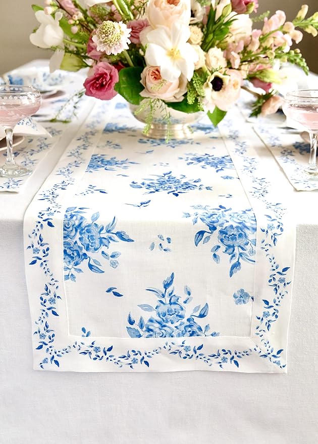 Solino Home Blue Floral Print Table Runner 72 Inches Long - 100% Pure Linen Table Runner 14 x 72 Inch - Handcrafted and Machine Washable - Jolie Fleur Print