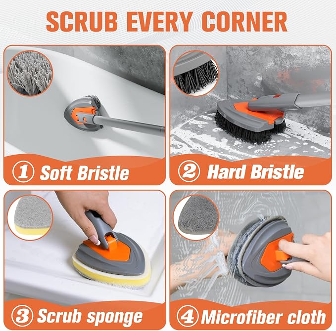 Eazer 4-in-1 Long-Handled Tub Scrubber-Versatile Bathroom Cleaning Brush - Image 3
