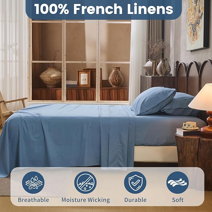 100% Linen Sheets King Size,Breathable & Durable 4-Piece Bed Flax Sheet Set,Soft All-Season Bedding for Hot Sleepers 16" Deep Pocket Oeko-TEX Certified,（King, Dusty Blue）