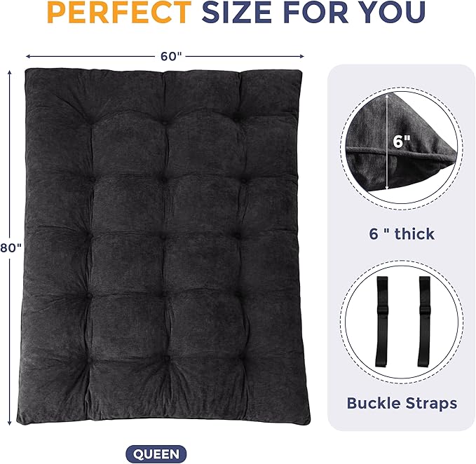 MAXYOYO Japanese Floor Mattress Queen Size, 6" Foldable Futon Mattress Tufted Roll Up Floor Bed, Thick Chenille Tatami Mat Sleeping Pad for Camping Guest Room Dormitory Bedroom RV, Black