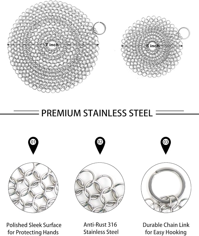 Cast Iron Skillet Cleaner Chainmail, 2 Pack Premium Stainless Steel Chain - Image 5