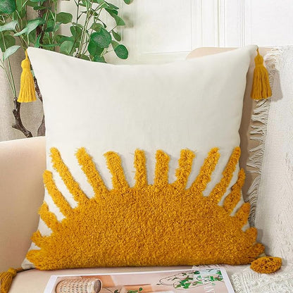 Adabana Boho Throw Pillow Covers 18x18, Decorative Tufted Pillows Cover for Couch Bed, Sun Sunshine Pillow Cover for Kids