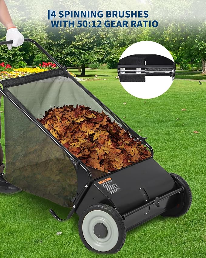 26-Inch Push Lawn Sweeper, 7 Cu. Ft. Hopper Capacity Leaf & Grass Collector - Image 4