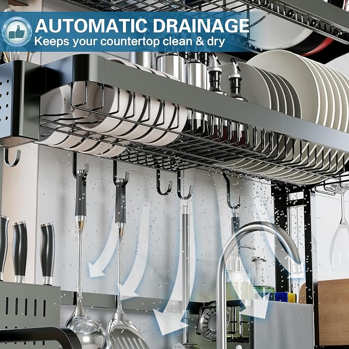 Over The Sink Dish Drying Rack, 3 Tier Adjustable Length Full Stainless Steel - Image 8