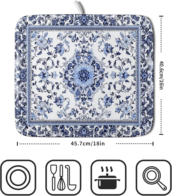 Boho Floral Dish Drying Mat 16x18 Inch Blue Leaves Kitchen Drying Pad - Image 2
