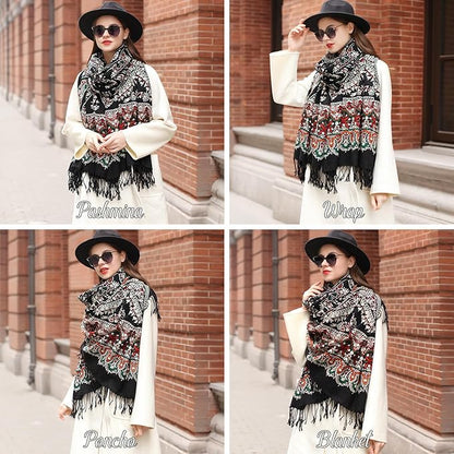 DANA XU 100% Merino Wool Extra Large Pashmina Blanket Travel Scarf Cashmere Wrap for Women Fall Winter Oversize Shawl Floral
