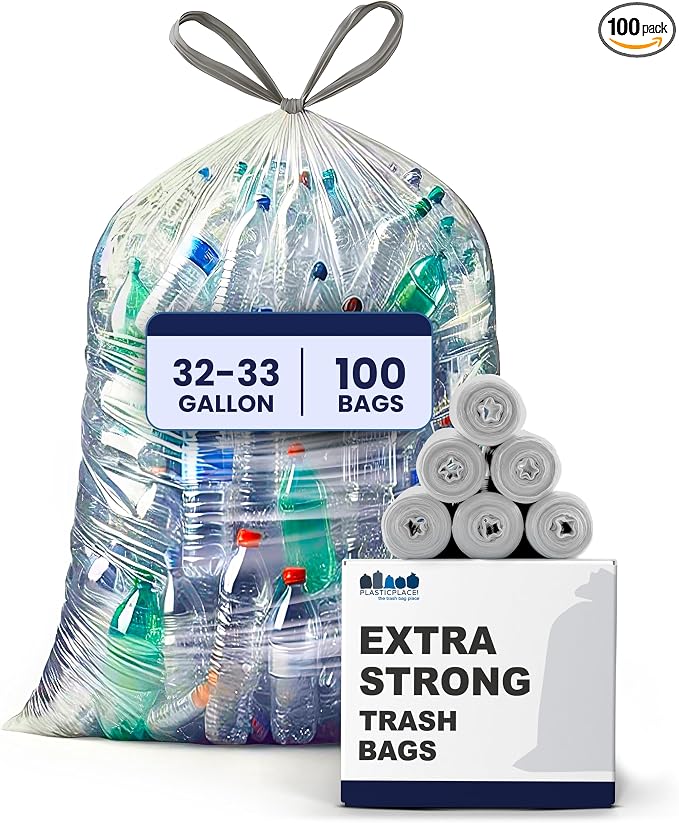 Plasticplace 32-33 Gallon Recycling Bags │ 0.9 Mil │ Clear Drawstring Garbage by Plasticplace