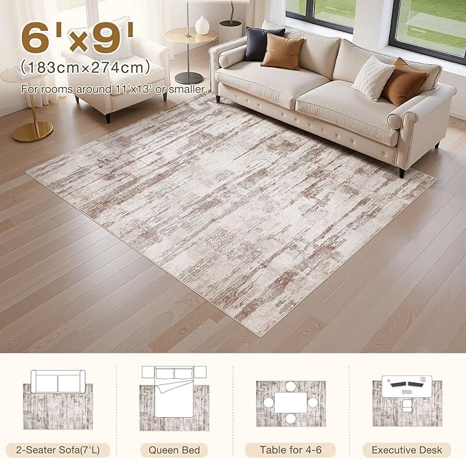 Abstract Living Room Rug 6x9 - Modern Washable Soft Thin Area Rug for Living Room Bedroom Under Dining Table - Neutral Indoor Floor Rug Carpets for Home Office Playroom Nursery - Light Brown