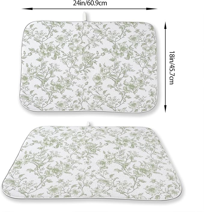 Sage Green Dish Drying Mat 18 x 24 Inch Chinoiserie Light Green Floral Drying - Image 3