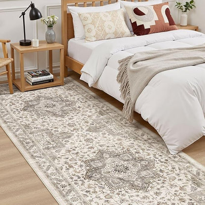 Vintage Hallway Runner Rug 3x10: Large Soft Washable Entryway for Kitchen Laundry Room Non-Slip Backing Runner for Entrance Living Room Bedroom Bathroom - Light Brown
