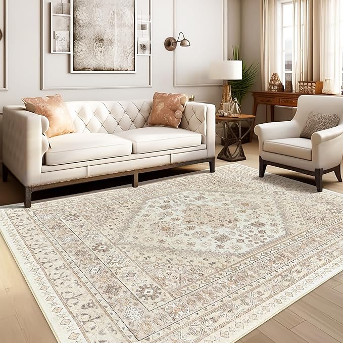 zesthome 10x14 Area Rugs,Stain Resistant Washable Rug,Ultra-Thin Rugs for Living Room,Bedroom,Non-Slip Backing Home Decor Large Area Rug (Cream/Beige,10'x14')