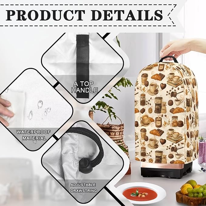 Croissants Coffee Blender Dust Cover Kitchen Appliance Oil-Proof Food Processor Protective Cover with Top Handle Keep Your Kitchen Clean Colorful Decor