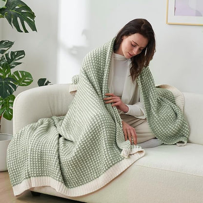 Amélie Home Waffle Chenille Throw Blanket for Couch, Pineapple Stitch Knit Soft Cozy Knit Blanket Decorative Throw for Sofa, Chair, 50"x60", Sage Green&Ivory