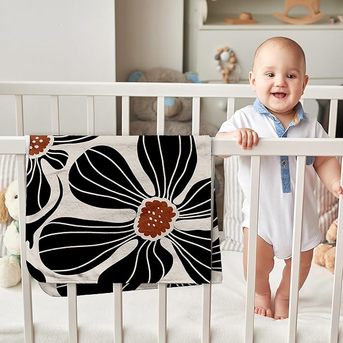 HIWX Boho Abstract Floral Kids Blanket, Boho Floral Blankets, Modern Bohemia Black Flower Throw Blanket for Kids Girls Nursery Toddler Room Bedroom Home Office Couch Bed Decor, 40x30 Inches