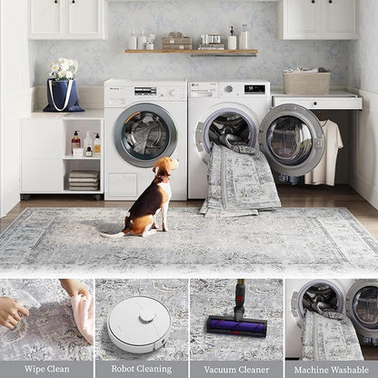jinchan Fiora Runner Rug 2x6 Machine Washable Hallway Rug Grey Vintage Floral Print Non-Slip Low Pile Ultra-Thin for Kitchen, Entryway, Laundry Room, Bedroom, Farmhouse (2‘x6’, Grey)