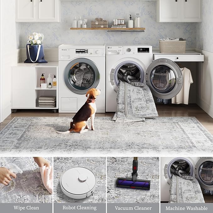 jinchan Fiora Hallway Runner Rug 3x8 Machine Washable Runner Rug Grey Vintage Floral Design Non-Slip Low Pile Ultra-Thin for Kitchen Laundry Room Bedroom Farmhouse (3‘x8', Grey)