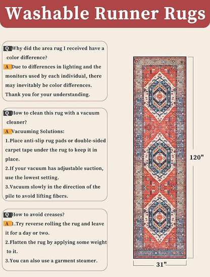 SERISSA Runner Rug for Hallways, 2'6"x10' Washable Non Slip Kitchen Runner Rug, Long Boho Rug Vintage Rust Hallway Stair Ultra Soft Print Floor Carpet for Bedroom Bathroom Laundry Room