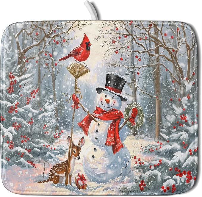 Winter Snowman Dish Drying Mat for Kitchen Counter Red Bird Berry Dishes by Giwawa