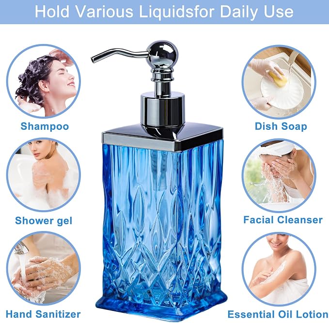 10Oz Diamond Grid Pattern Blue Glass Soap Dispenser - Image 4