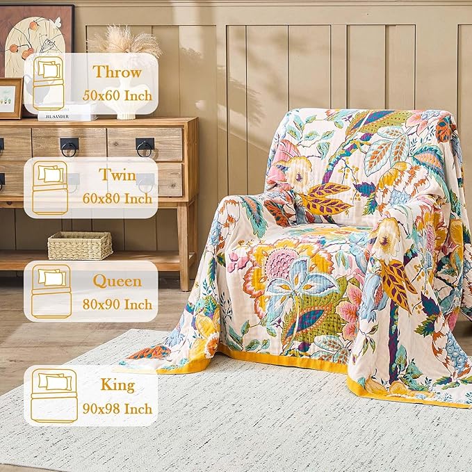 Farmhouse Throw Blanket, 80"x 90" Boho Throw Blankets for Couch Cover, 100% Cotton Bohemian Vintage Quilt for All Seasons Reversible Florals Lightweight Picnic Blankets Home Decoration