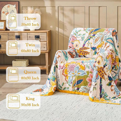 Farmhouse Throw Blanket, 80"x 90" Boho Throw Blankets for Couch Cover, 100% Cotton Bohemian Vintage Quilt for All Seasons Reversible Florals Lightweight Picnic Blankets Home Decoration