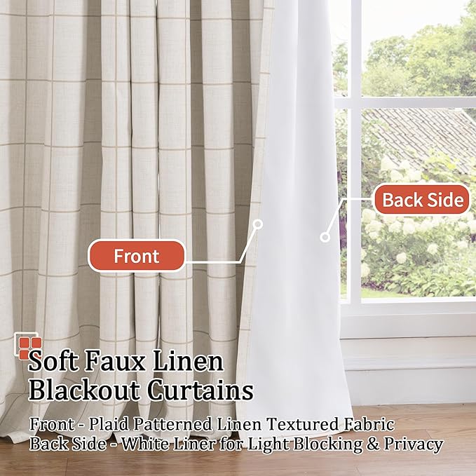 Plaid Curtains Pattern Printed 90 Inches Long - Total Linen Blackout Curtains for Living Room, Boho Cottage Core Grommet Drapes for Farmhouse Thermal Drapery 52x90 Inch 2 Panels, Natural
