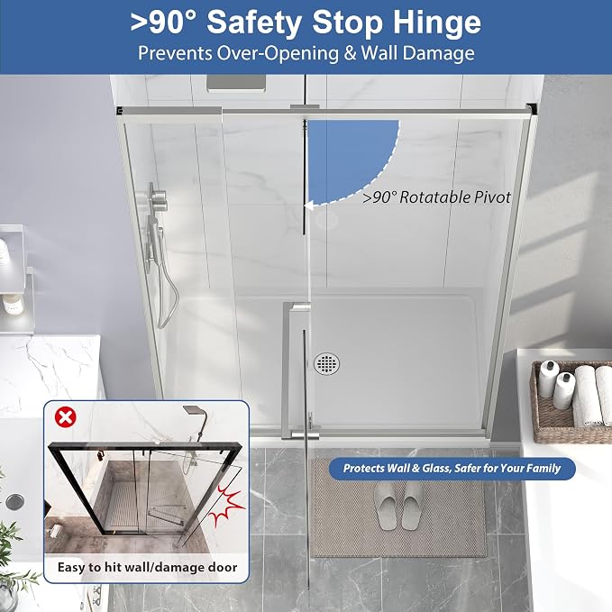 Semi Frameless Pivot Shower Door 42-48" W x 72" H, Swing Shower Glass Doors - Image 7