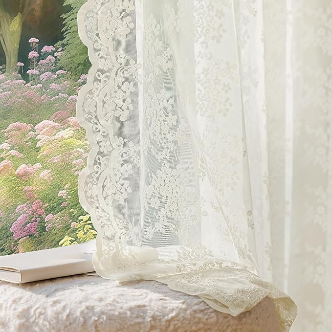 Anmao Vintage Lace Curtains 72 Inches Long 2 Panels Set, Romantic Elegant Light Filtering Semi Sheer Floral Thick Lacy Curtain Drapes for Living Room and Bedroom, Each Panel 55W x 72L, Ivory