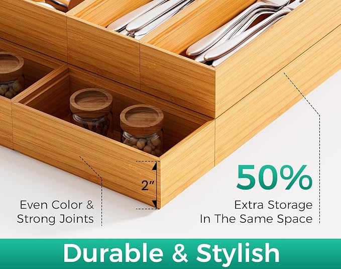 Bamboo Kitchen Drawer Organizer Boxes – 12" x 6" Stackable Wood Silverware - Image 5