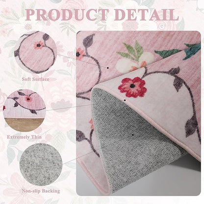 DUKINO 2.6x8 Kitchen Runner Rug for Hallway, Washable Runner Rug with Non Slip Backing, Low Pile Soft Boho Floral Carpet for Hallway, Kitchen, Entryway, Laundry, Bedroom, Pink