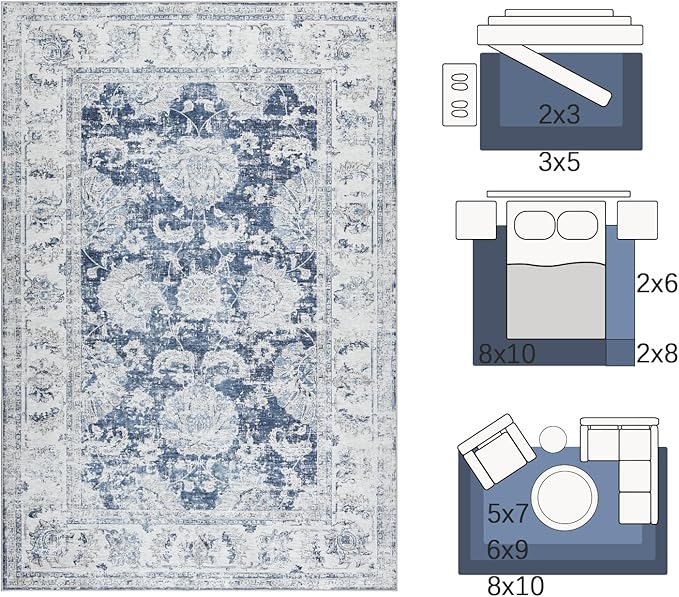 jinchan Fiora Washable Area Rug 3x5 Entryway Rug Distressed Vintage Floral Ultra-Thin Low-Pile Soft Non-Shedding Indoor Floor Carpet for Kitchen Bedroom Entrance Laundry Living Room(3x5ft, Dark Blue)