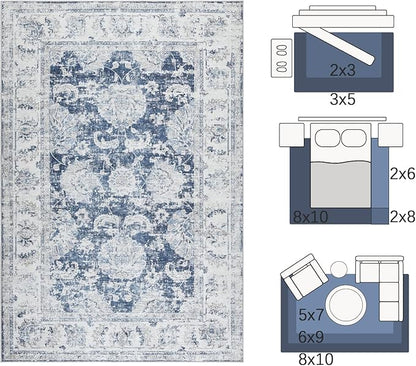 jinchan Fiora Washable Area Rug 3x5 Entryway Rug Distressed Vintage Floral Ultra-Thin Low-Pile Soft Non-Shedding Indoor Floor Carpet for Kitchen Bedroom Entrance Laundry Living Room(3x5ft, Dark Blue)