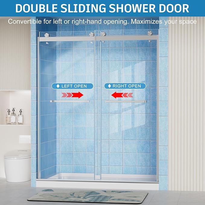 Frameless Shower Door, 56-60" W x 72" H Double Sliding Shower Doors, 1/4" Thick - Image 2