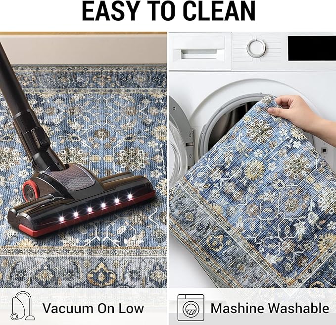 KUTA Vintage Area Rug 4x6 Washable Rug Blue Grey Beige Traditional Floor Cover Foldable Ultra Thin Soft Retro Accent Indoor Distressed Non Slip Carpet Floral Print Mat Bedroom Living Room Dorm Office