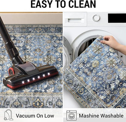 KUTA Vintage Area Rug 4x6 Washable Rug Blue Grey Beige Traditional Floor Cover Foldable Ultra Thin Soft Retro Accent Indoor Distressed Non Slip Carpet Floral Print Mat Bedroom Living Room Dorm Office