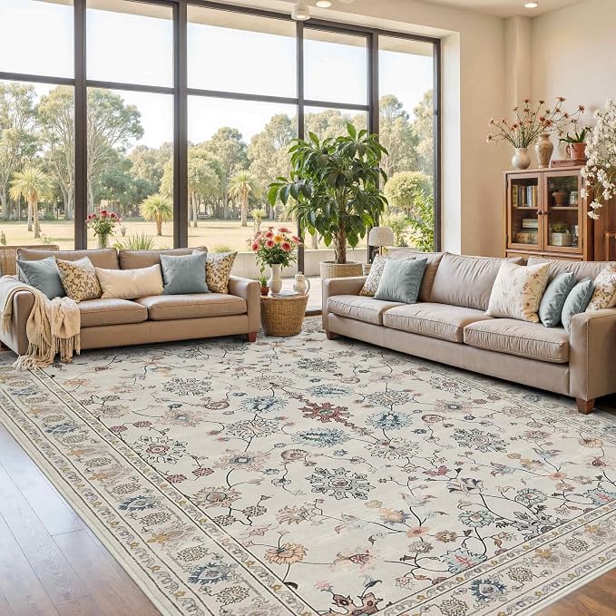 8x10 Rugs for Living Room & Bedroom, Floral Washable Rug, Boho Area Rug - Image 2