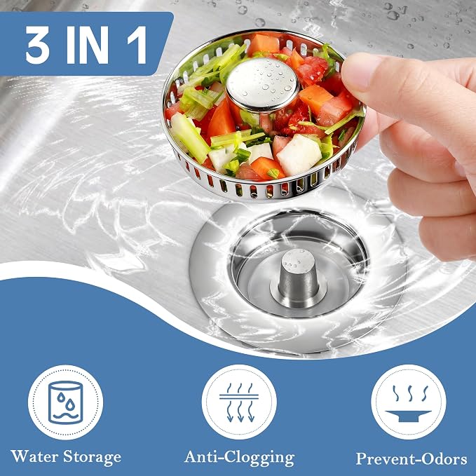 Kitchen Sink Drain Strainer 3 in 1, 304 Stainless Steel Pop Up Sink Stopper - Image 2