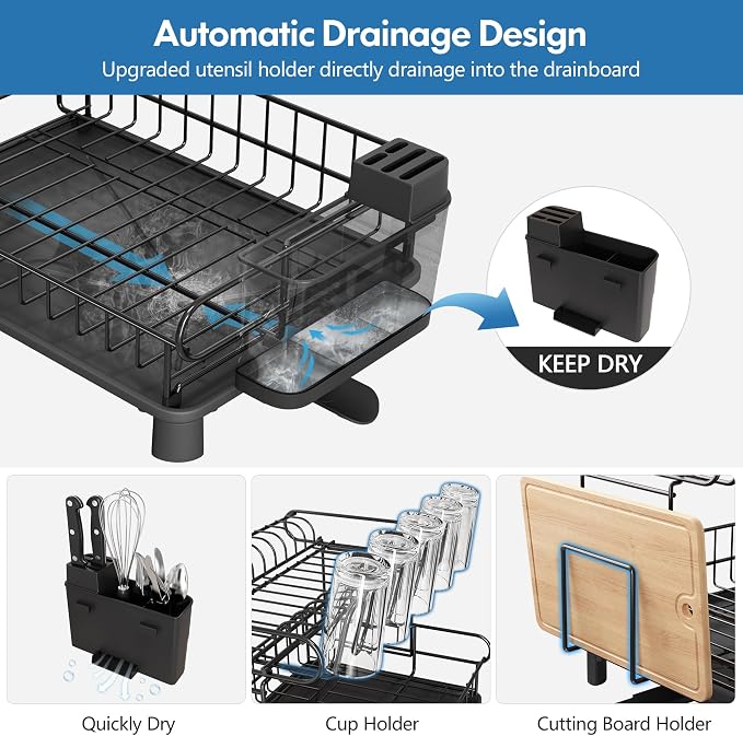 MAJALiS 2 Tier Black Large Stainless Steel Dish Drainers Drying Rack - Image 5
