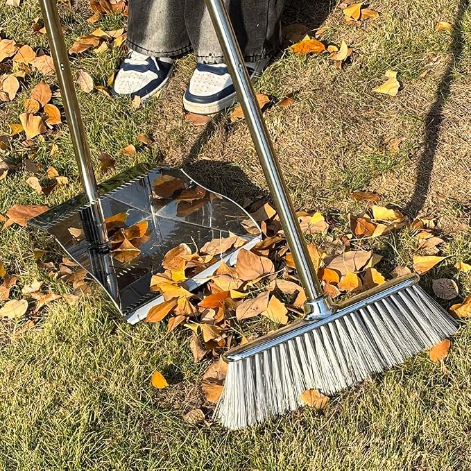 Metal Dustpan with Soft Bristles Broom Heavy Duty Stainless Steel Upright - Image 7
