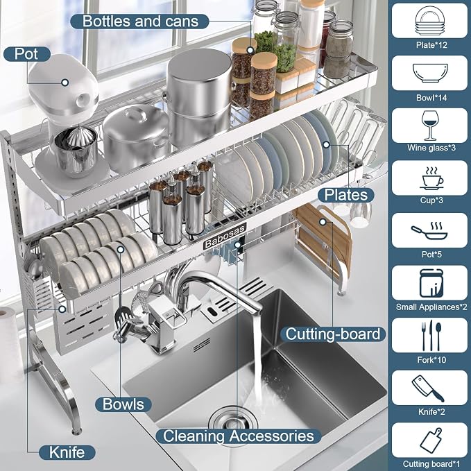 Over The Sink Dish Drying Rack, 3 Tier Adjustable Length Full Stainless Steel - Image 3
