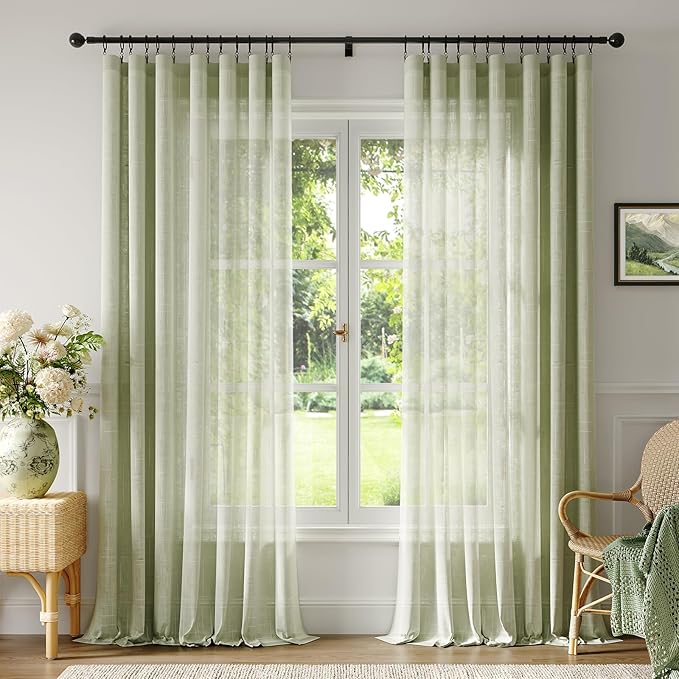 Anmao Natural Linen Curtains for Living Room 80 Inch Length 2 Panels Set, Light Filtering Semi Sheer Window Curtain Drapes for Bedroom with Curtain Rings and Clips, 52Wx120L, Sage Green